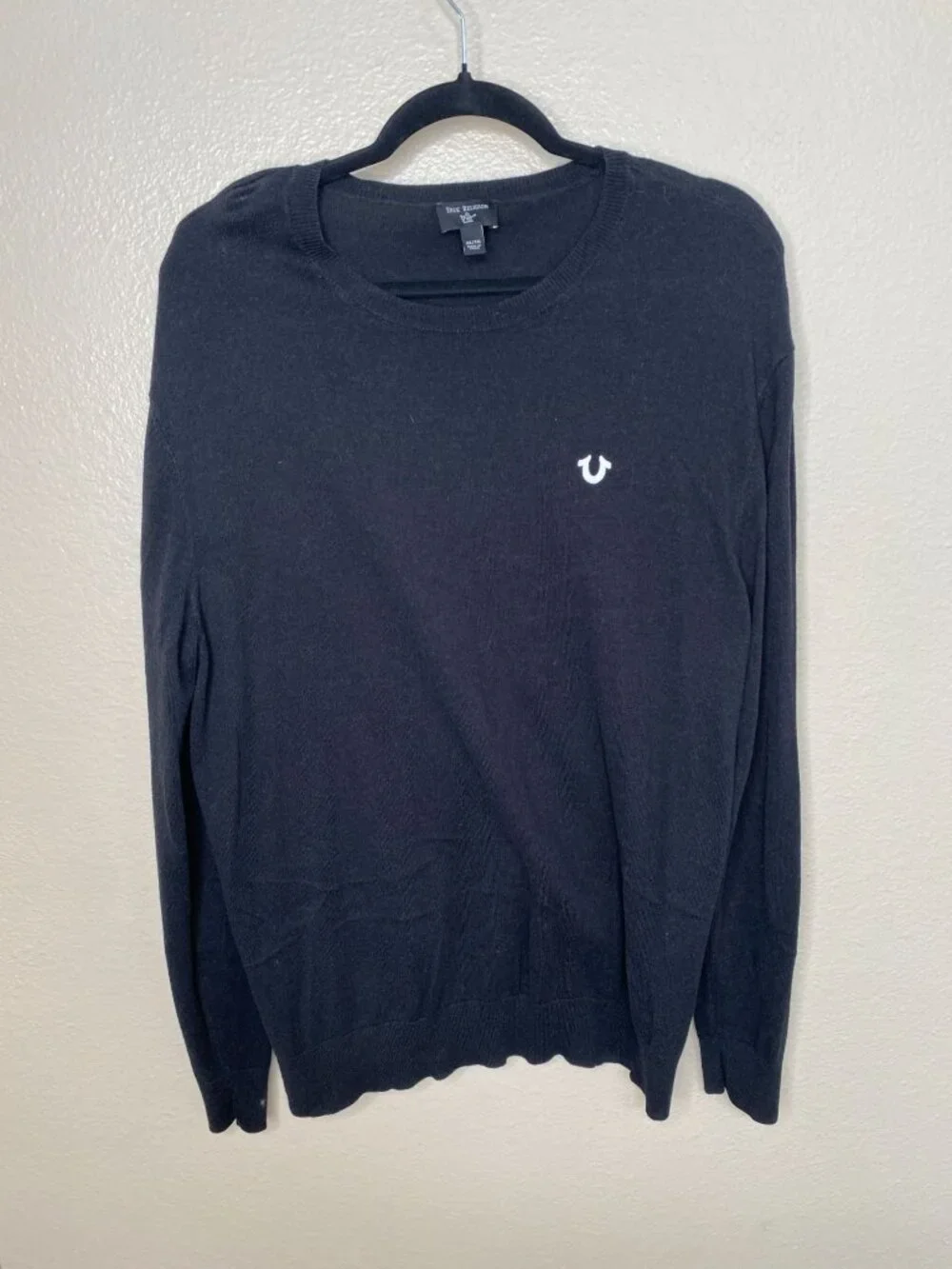 True Religion Mens Black Sweater XL Cotton Blend Casual Crewneck Long Sleeve